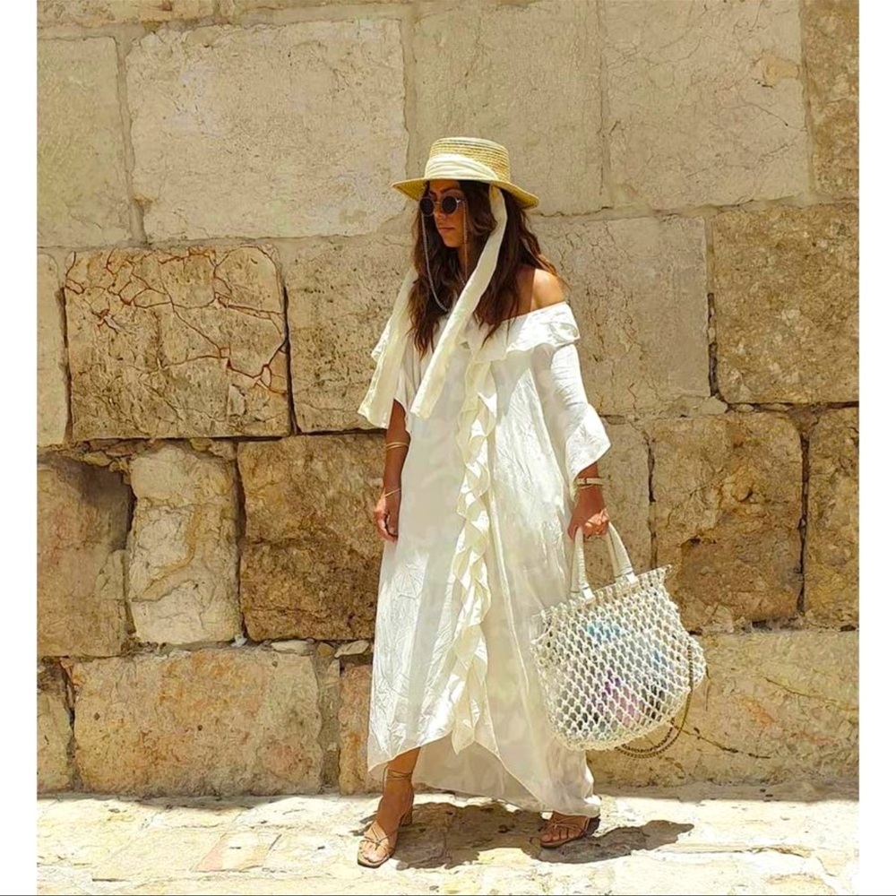 Airy Jacquard-Weave Kaftan Flounced Dress